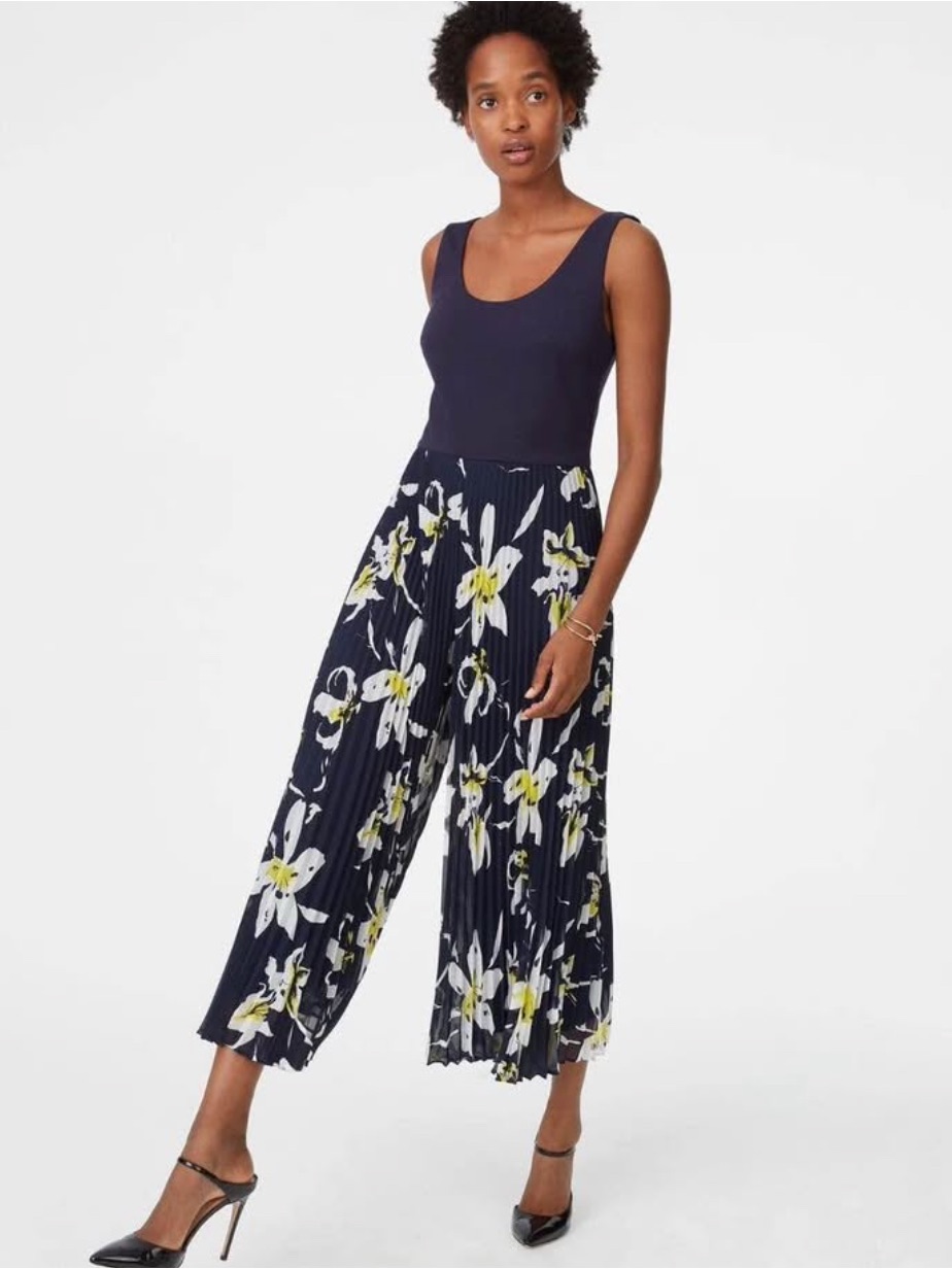 Club Monaco Navy Floral Pleated Wide-Leg Jumpsuit